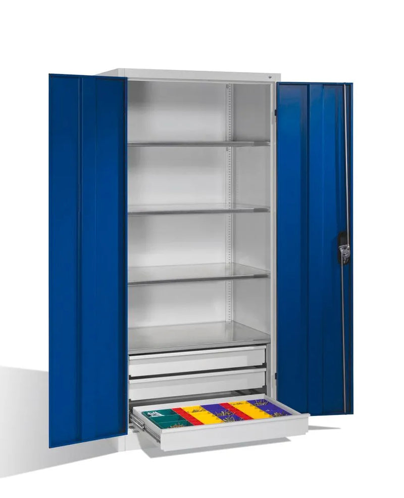 DENIOS Werkzeug- U. Materialschrank Cabo, Drehtüren U. Schubkästen, B 930, T 600, H 1950 Mm, Grau/blau