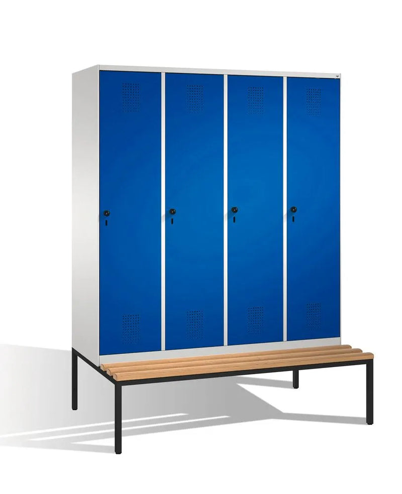 DENIOS Kleiderspind Cabo-plus Mit Sitzbank, 4 Abteile, B 1600, T 500/815, H 2090 Mm, Grau/blau