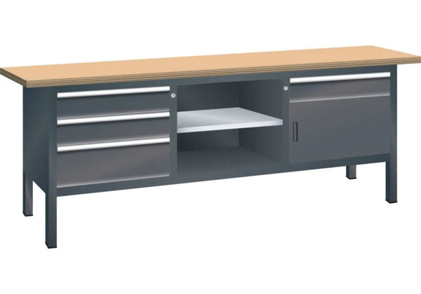 Établi compact DENIOS Lista, l 2000 mm, plan de travail multiplex, 1 porte battante, 4 tiroirs, gris anthracite 