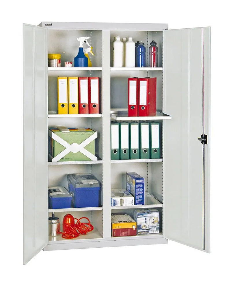 Armoire à outils et à matériel DENIOS Professional 3000, avec 8 tablettes à plateaux, grise, L 1000 mm 