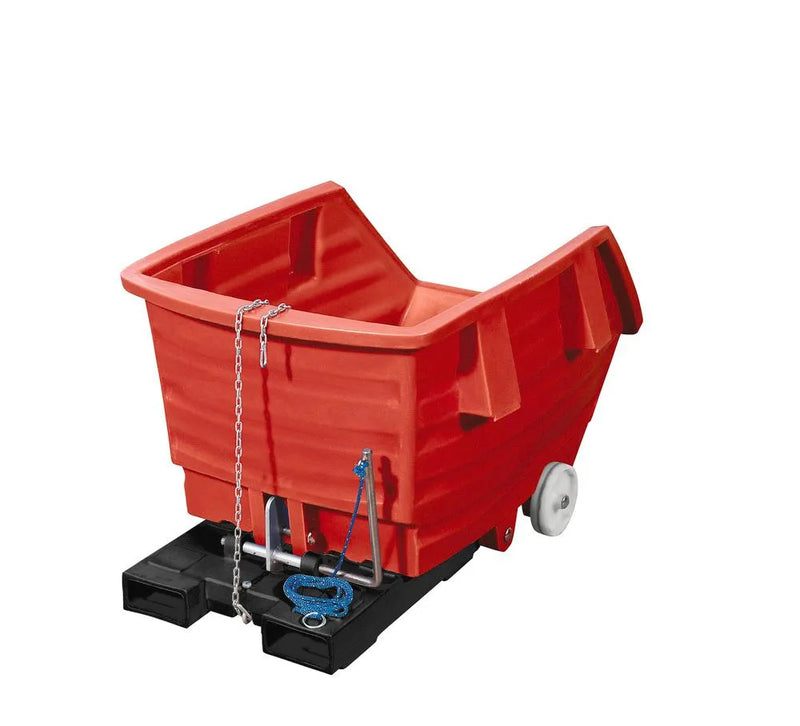 DENIOS kiepwagen van polyethyleen (PE), met wielen en vorkkokers, inhoud 500 liter, rood 