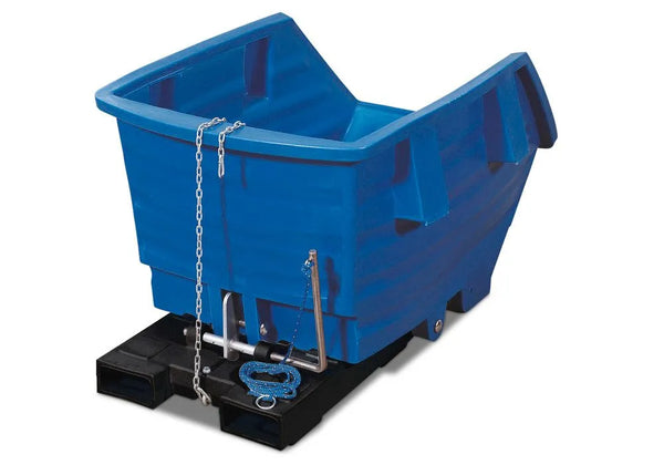 DENIOS Kippwagen Aus Polyethylen (Pe), Mit Gabeltaschen, 300 Liter Volumen, Blau