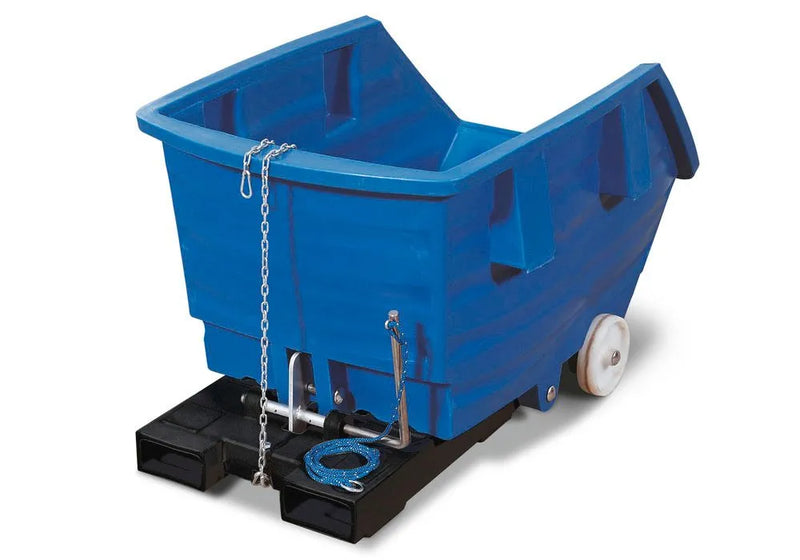 DENIOS Kippwagen Aus Polyethylen (Pe), Mit Rollen Und Gabeltaschen, 300 Liter Volumen, Blau