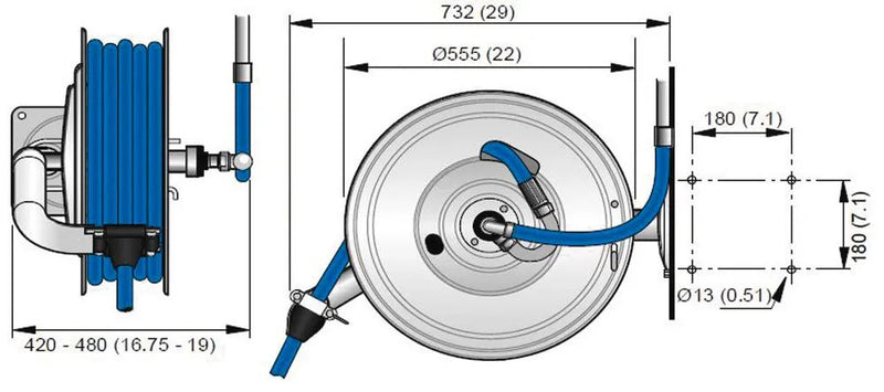 Enrouleur de tuyau DENIOS Ex-h07, sans tuyau, pour tuyau Ø 3/4" - 15 m, acier inoxydable poli électrolytiquement, Atex 