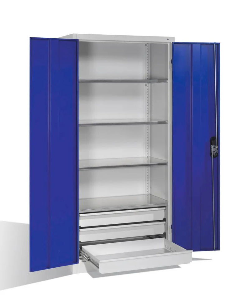 DENIOS Werkzeug- U. Materialschrank Cabo, Drehtüren U. Schubkästen, B 930, T 500, H 1950 Mm, Grau/blau