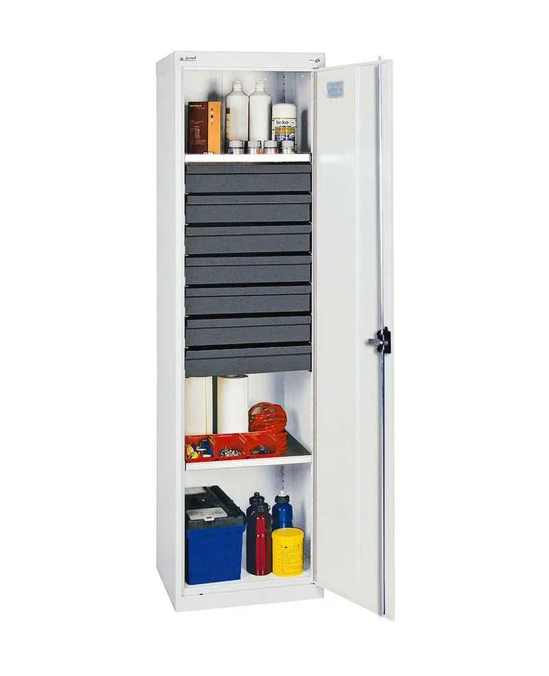 Armoire à outils et à matériel DENIOS Professional 3000, avec 7 tiroirs, 2 étagères à plateaux, gris, L 500 mm 