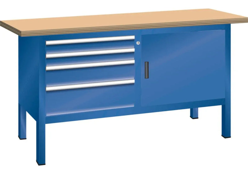 DENIOS compacte werkbank Lista, B 1500 mm, beukenhouten werkblad, 1 draaideur, 4 laden, gentiaanblauw 