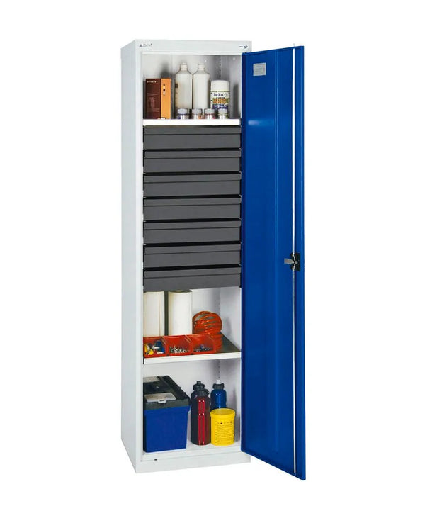 Armoire à outils et à matériel DENIOS Professional 3000, avec 7 tiroirs, 2 étagères à plateaux, gris/bleu, l 500 mm 