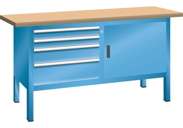 Établi compact DENIOS Lista, l 1500 mm, plan de travail multiplex, 1 porte battante, 4 tiroirs, bleu clair 