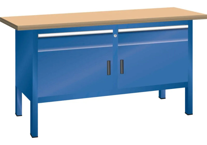 DENIOS compacte werkbank Lista, B 1500 mm, beukenhouten werkblad, 2 draaideuren, 2 laden, gentiaanblauw 