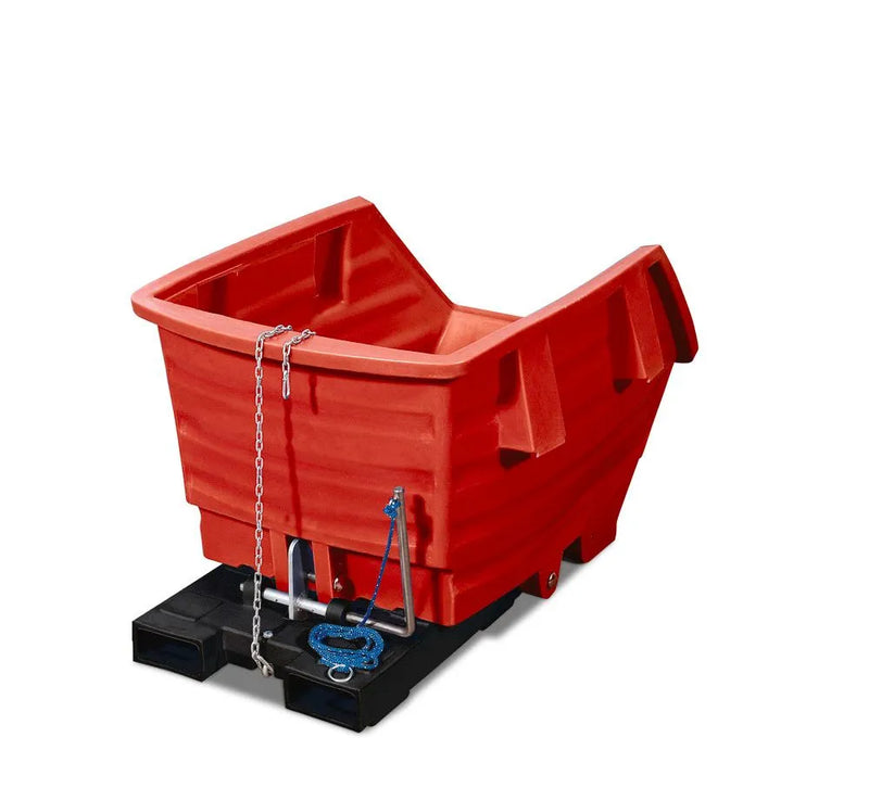 DENIOS kiepwagen van polyethyleen (PE), met vorkkokers, inhoud 750 liter, rood 