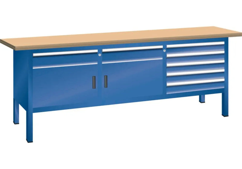 DENIOS compacte werkbank Lista, B 2000 mm, beukenhouten werkblad, 2 draaideuren, 7 laden, gentiaanblauw 