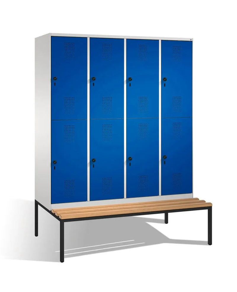 DENIOS Kleiderspind-doppelstock Cabo-plus Mit Sitzbank, 8 Fächer, B 1600, T 500/815, H 2090 Mm, Grau/blau