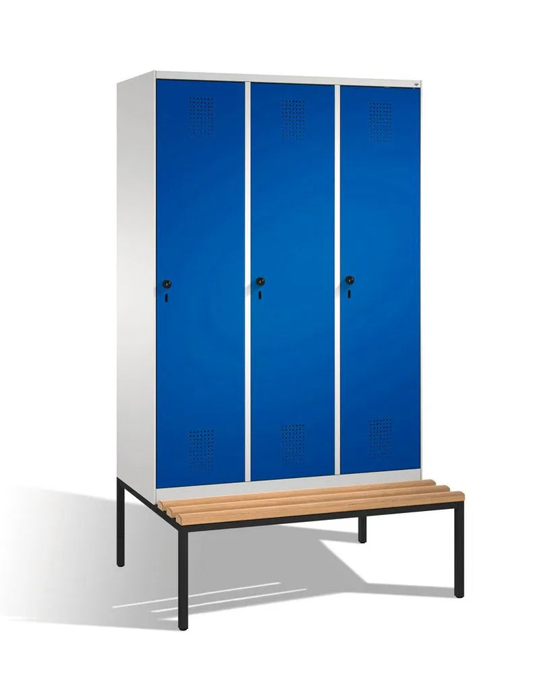 DENIOS Kleiderspind Cabo-plus Mit Sitzbank, 3 Abteile, B 1200, T 500/815, H 2090 Mm, Grau/blau