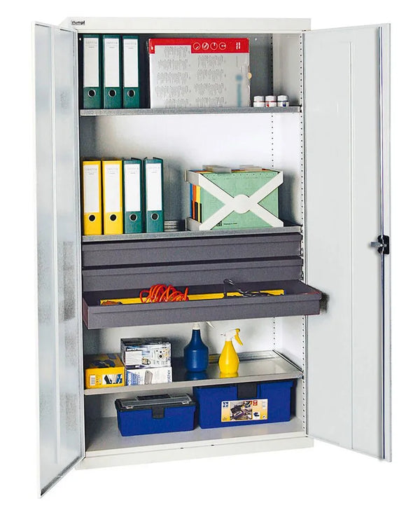 Armoire à outils et à matériel DENIOS Professional 3000, avec 3 tiroirs, 3 tablettes à plateaux, gris, L 1000 mm 