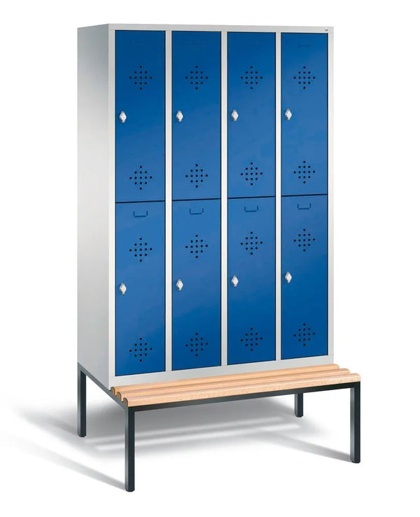 DENIOS dubbeldekskast Cabo met bank, 8 compartimenten, B 1190, H 2090m D500/815mm, grijs/blauw 