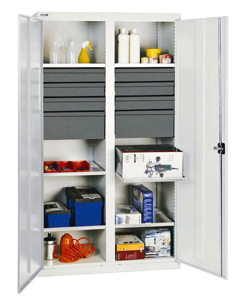 Armoire à outils et à matériel DENIOS Professional 3000, avec 8 tiroirs, 6 tablettes à plateaux, gris, L 1000 mm 