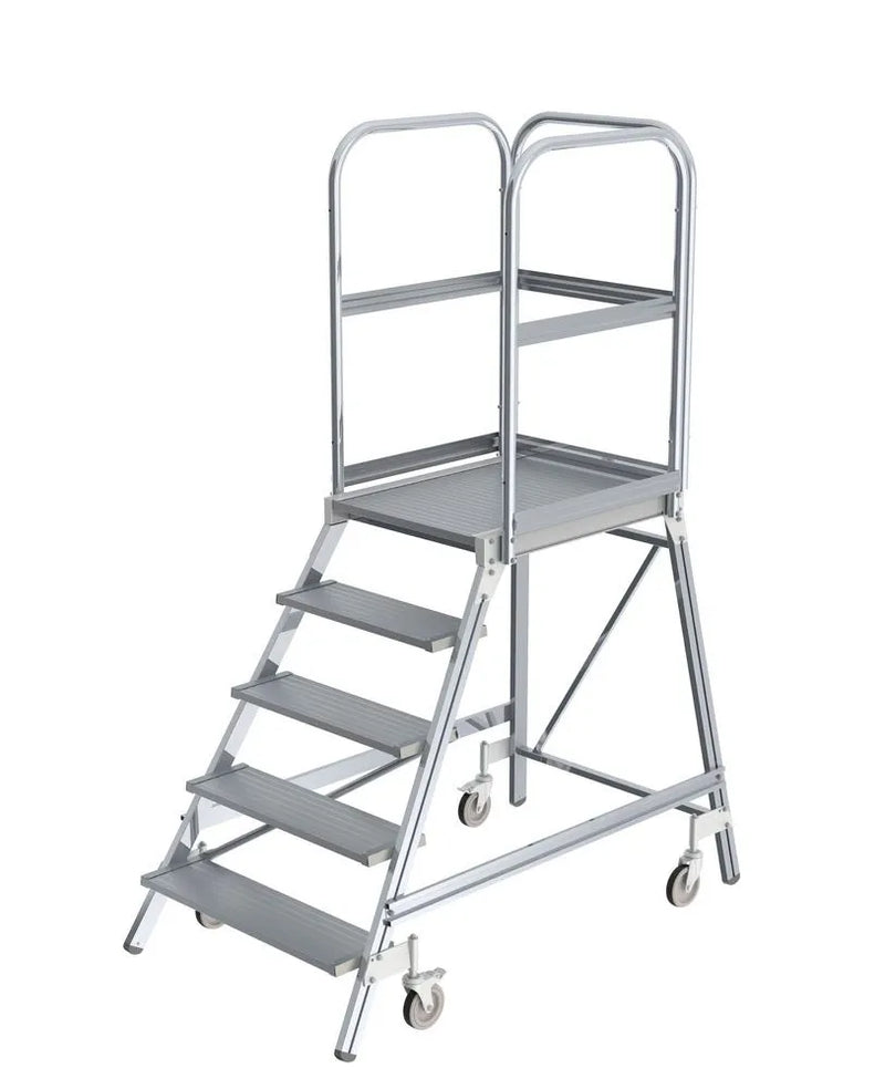 DENIOS platformladder van aluminium, eenzijdig toegankelijk, zwenkwielen, 5 treden, platformafmeting 600 x 800 mm 