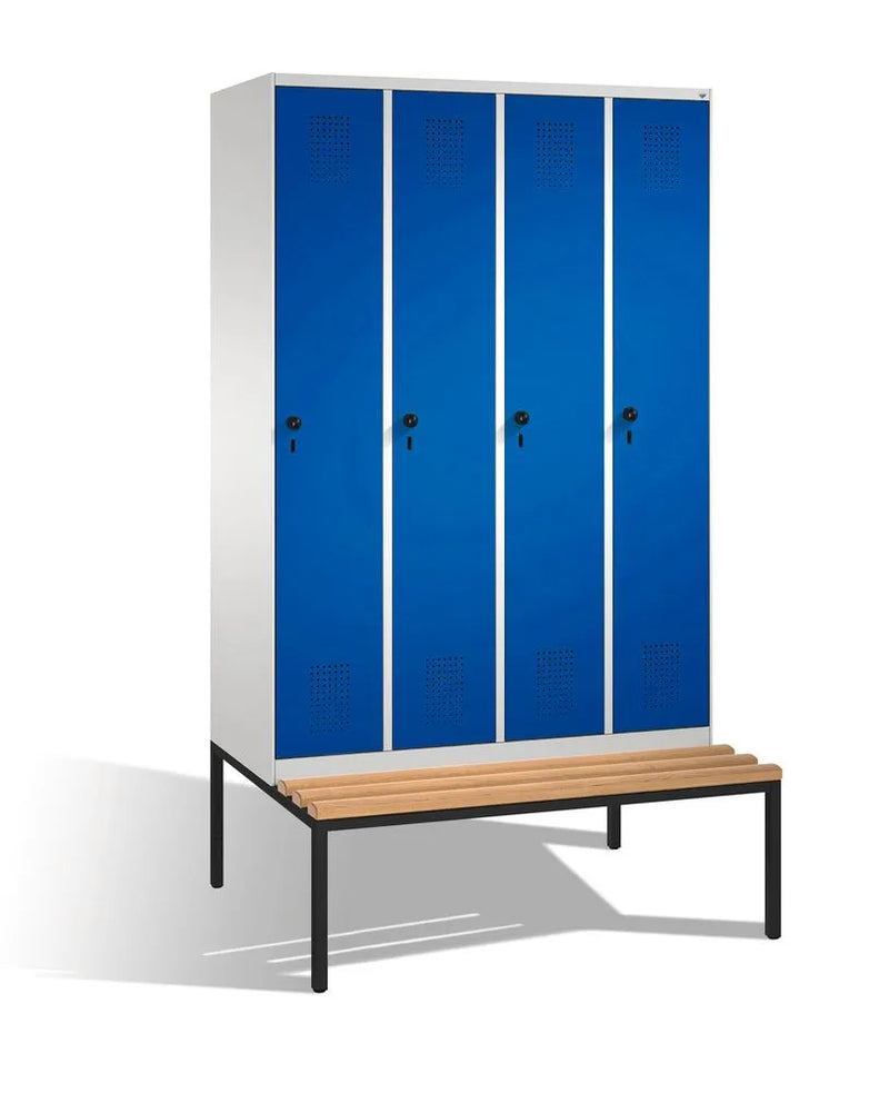 DENIOS Kleiderspind Cabo-plus Mit Sitzbank, 4 Abteile, B 1200, T 500/815, H 2090 Mm, Grau/blau