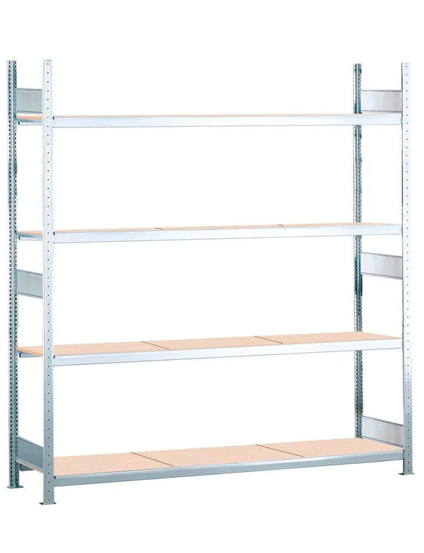 Rayonnage grande portée DENIOS avec aggloméré, partie inférieure, 4 niveaux de rangement, largeur de tablette 2500 mm, 2560 x 836 x 2500 mm 