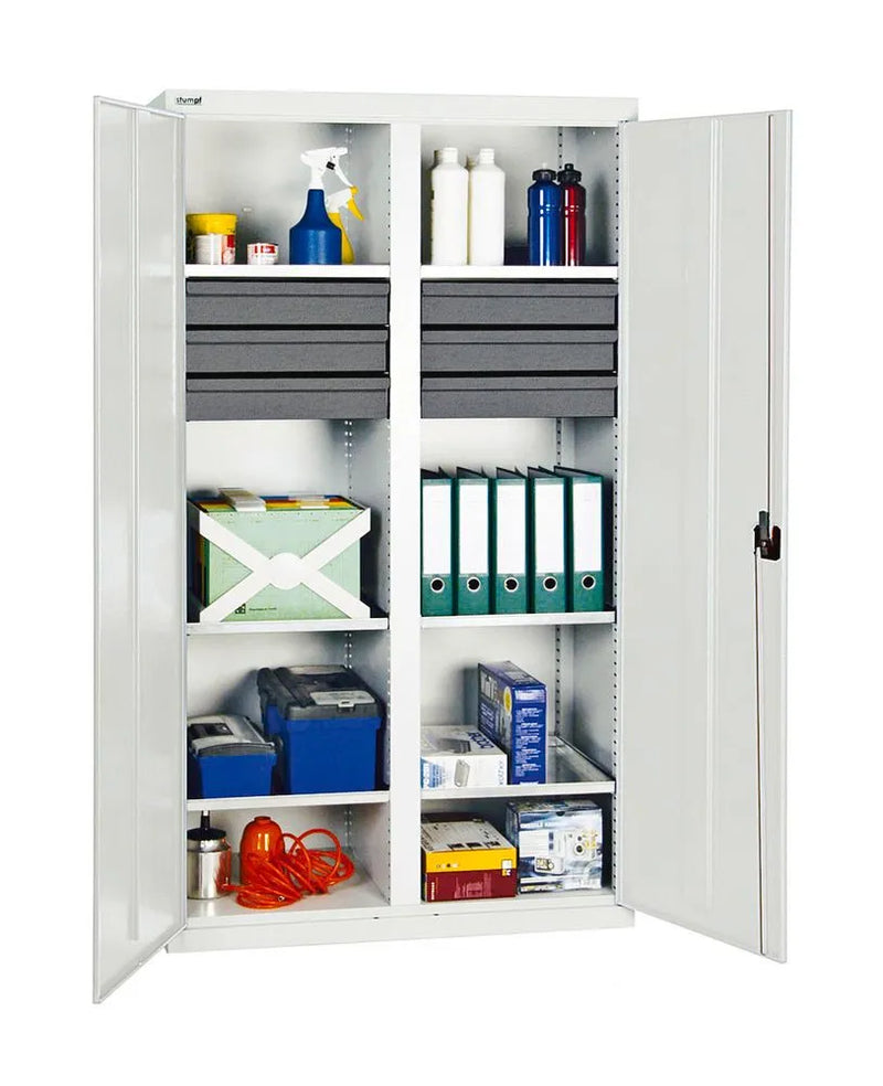 Armoire à outils et à matériel DENIOS Professional 3000, avec 6 tiroirs, 6 tablettes à plateaux, gris, L 1000 mm 