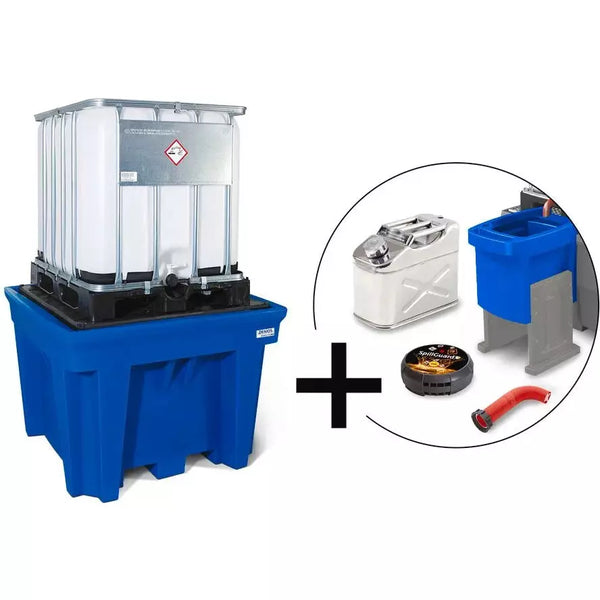 DENIOS Set Aus 1-ibc-pe-auffangwanne, Leckagemelder, Vorsatz-abfüllbehälter, Auslaufverlängerung U.kanister