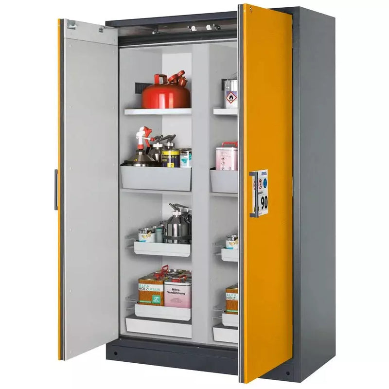 Armoire coupe-feu pour produits dangereux DENIOS Asecos Select, paroi centrale, avec étagères, plateaux coulissants, jaune 