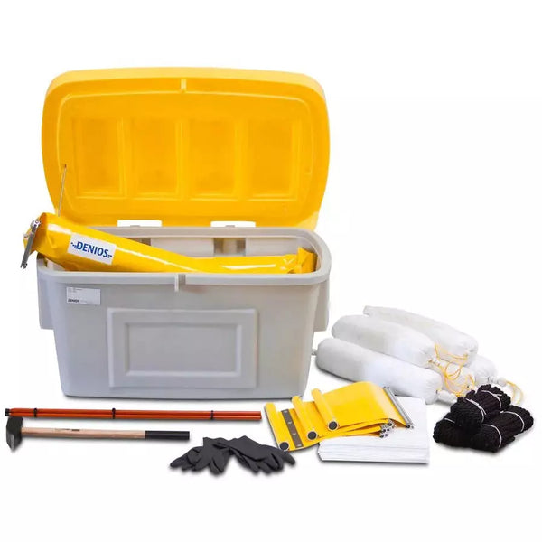 Kit de démarrage pour barrière anti-huile DENIOS, comprenant 2 barrières anti-huile à usage rapide de 5 m chacune et des agents liants pour l'huile, pour l'industrie