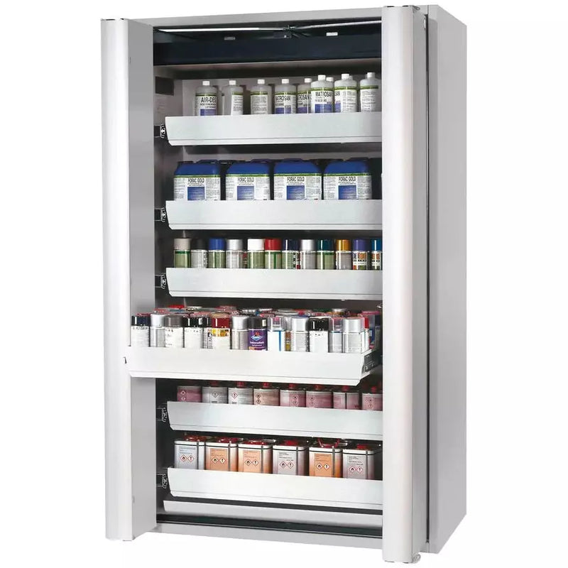 Armoire coupe-feu pour produits dangereux DENIOS Asecos Gt 1200-6, "Touch-less", 6 plateaux coulissants, 2 portes, grise 