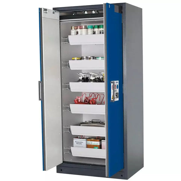 DENIOS Asecos Feuerbeständiger Gefahrstoffschrank Select W-96-o "One Touch", 6 Auszugswannen, Türen Blau