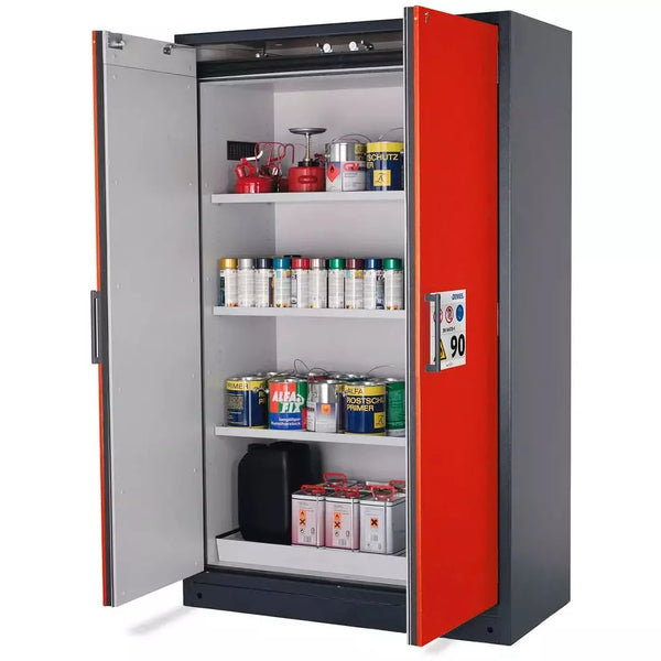 DENIOS Asecos Feuerbeständiger Gefahrstoffschrank Select W-123-o "One Touch", 3 Einlegeböden, Türen Rot