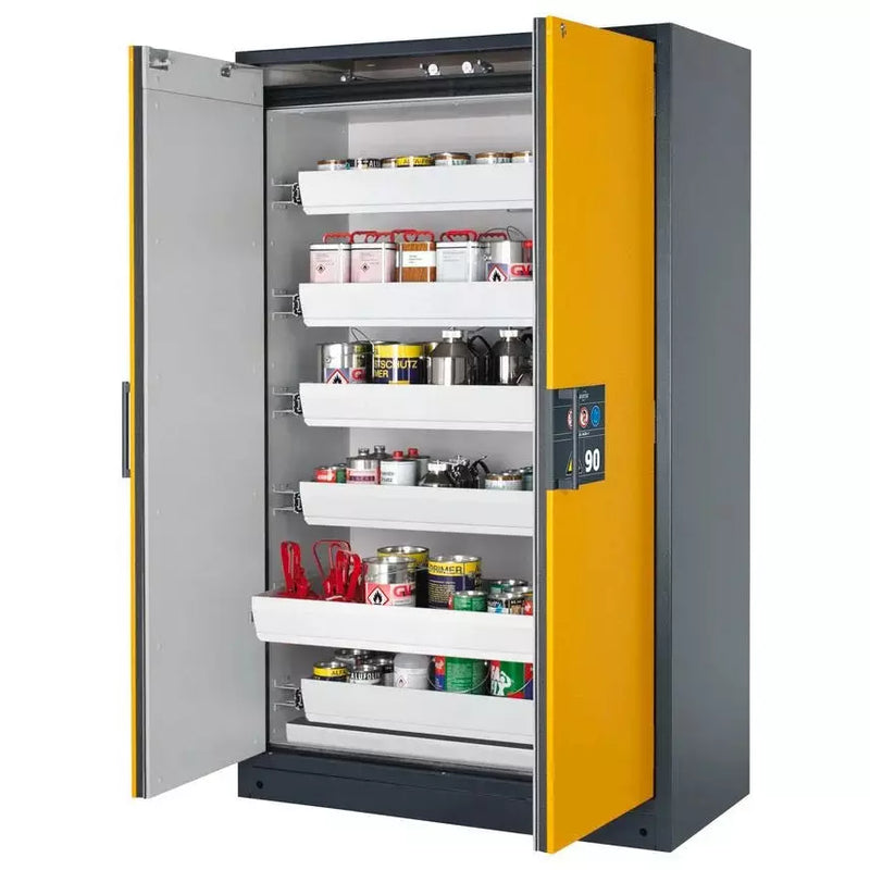 Armoire coupe-feu pour produits dangereux DENIOS Asecos Select W-126, 6 plateaux coulissants, portes jaunes 