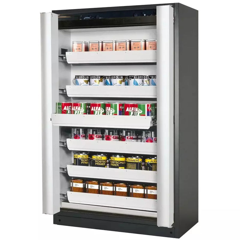 DENIOS Asecos Feuerbeständiger Gefahrstoffschrank Select W-126f, 6 Auszugswannen, Falttüren Grau