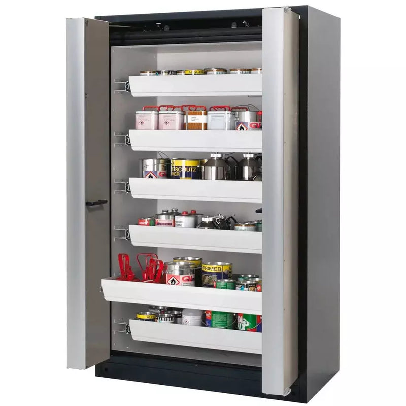 DENIOS Asecos Feuerbeständiger Gefahrstoffschrank Select W-126f, 6 Auszugswannen, Falttüren Grau