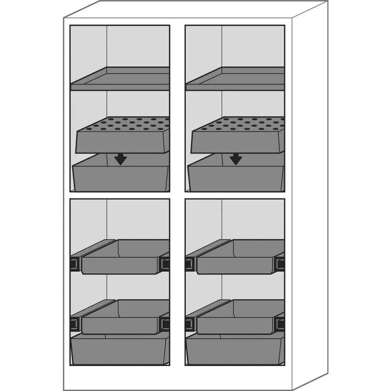 Armoire coupe-feu pour produits dangereux DENIOS Asecos Select, paroi centrale, avec étagères, plateaux coulissants, jaune 