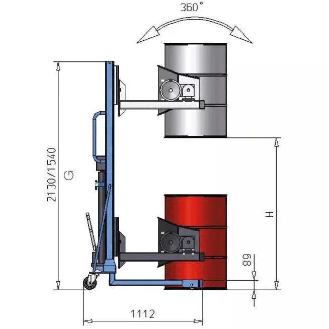 DENIOS Fassheber Servo, Fasswender 360°, 60- Bis 220-l-fässer, Fahrwerk Breit, Hubhöhe 0-1400 Mm