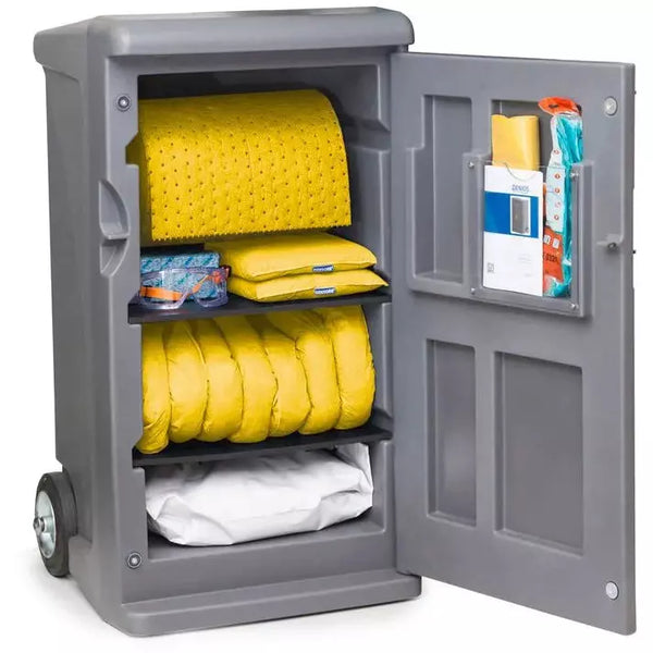 Kit d'urgence mobile DENIOS Densorb, liant dans un chariot gris de taille moyenne, version spéciale avec granulés 