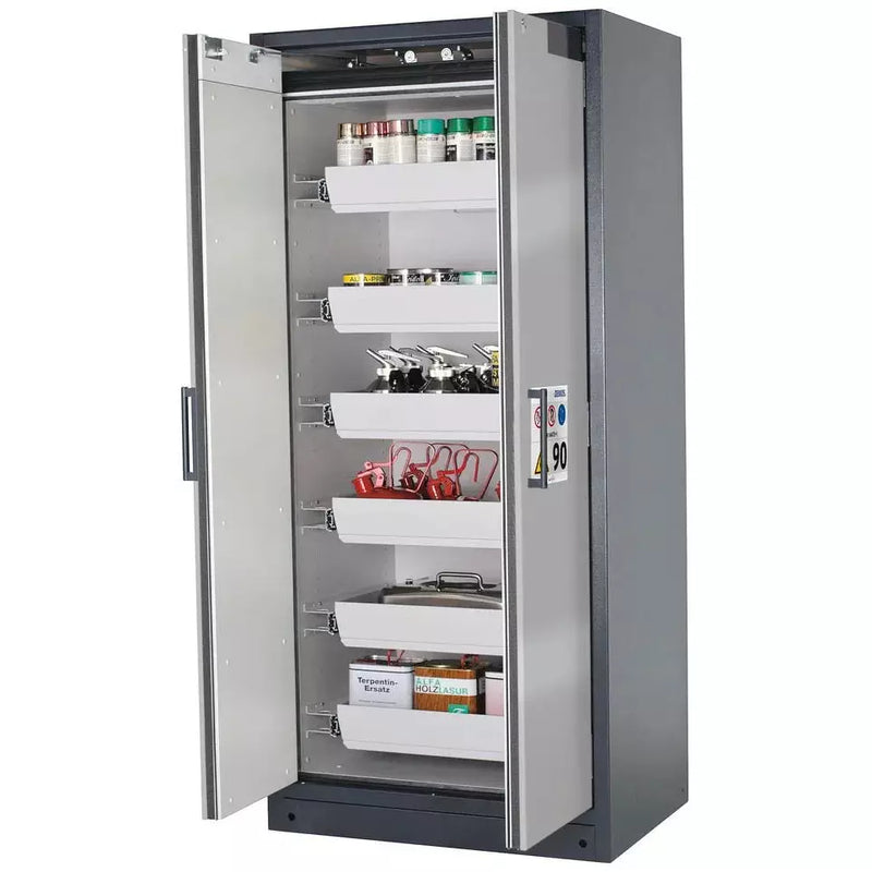 Armoire coupe-feu pour produits dangereux DENIOS Asecos Select W-96-o "One Touch", 6 plateaux coulissants, portes argentées 