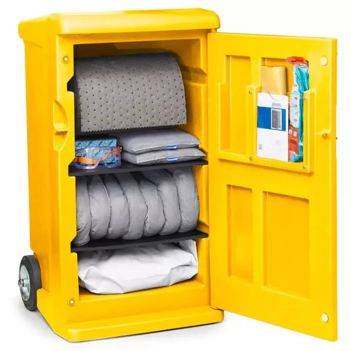 Kit d'urgence mobile DENIOS Densorb, classeur dans un chariot jaune de signalisation de taille moyenne, version universelle 