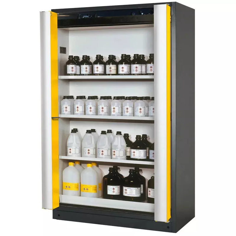 Armoire coupe-feu pour produits dangereux DENIOS Asecos Select W-124f, 4 plateaux coulissants, portes pliantes jaune 