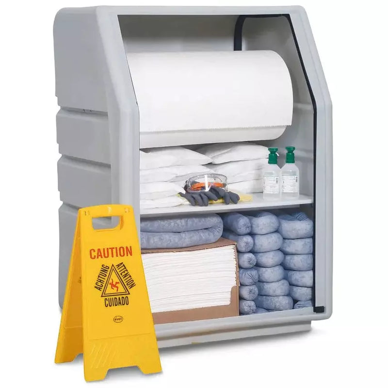 Kit d'urgence DENIOS Densorb dans une armoire de sécurité, avec rouleau de non-tissé absorbant, version universelle, avec store 