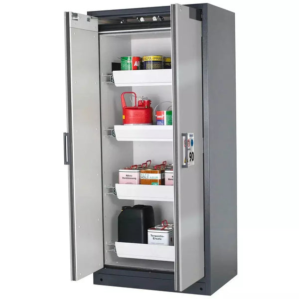 DENIOS Asecos Feuerbeständiger Gefahrstoffschrank Select W-94-o "One Touch", 4 Auszugswannen, Türen Silber