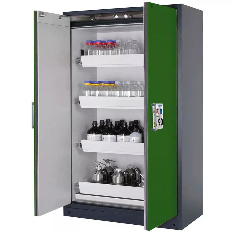 DENIOS Asecos Feuerbeständiger Gefahrstoffschrank Select W-124-o "One Touch", 4 Auszugswannen, Türen Grün