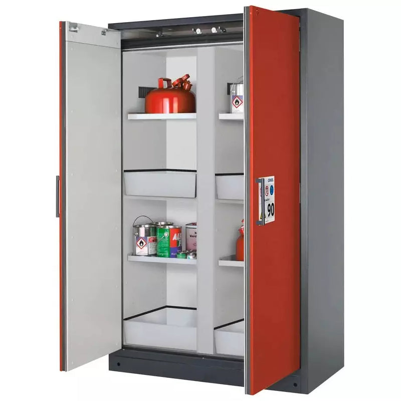 DENIOS Asecos Feuerbeständiger Gefahrstoffschrank Select, Mittelwand, Mit Einlegeböden, Bodenwannen, Rot