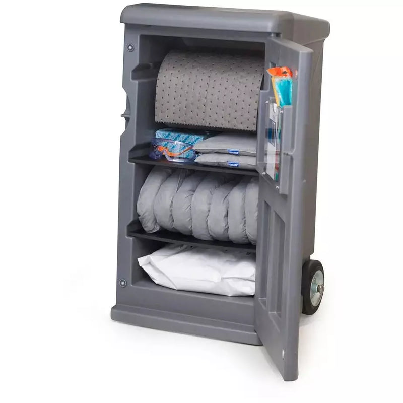 Kit d'urgence mobile DENIOS Densorb, liant dans un chariot gris de taille moyenne, version universelle avec granulés 