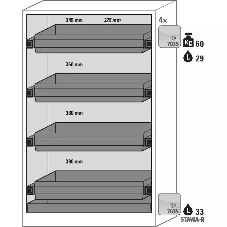 DENIOS Asecos Feuerbeständiger Gefahrstoffschrank Select W-124f, 4 Auszugswannen, Falttüren Grau