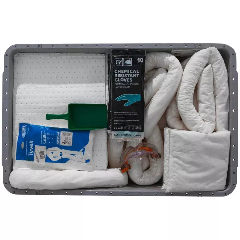 Kit d'urgence DENIOS Densorb dans une boîte à couvercle avec roulettes, version huile