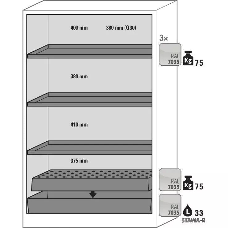 DENIOS Asecos Feuerbeständiger Gefahrstoffschrank Select W-123f, 3 Einlegeböden, Falttüren Grau