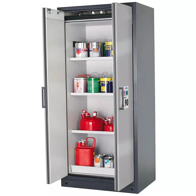 Armoire coupe-feu pour matières dangereuses DENIOS Asecos Select W-93-o "One Touch", 3 étagères, portes argent 