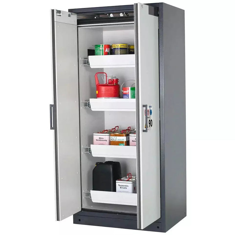 Armoire coupe-feu pour produits dangereux DENIOS Asecos Select W-94-o "One Touch", 4 plateaux coulissants, portes grises 